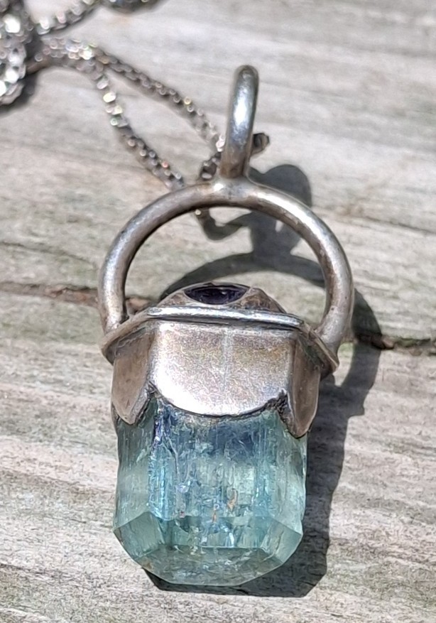 Vintage Sterling Silver Raw Aquamarine Point Amethyst Pendant Necklace 19 inch