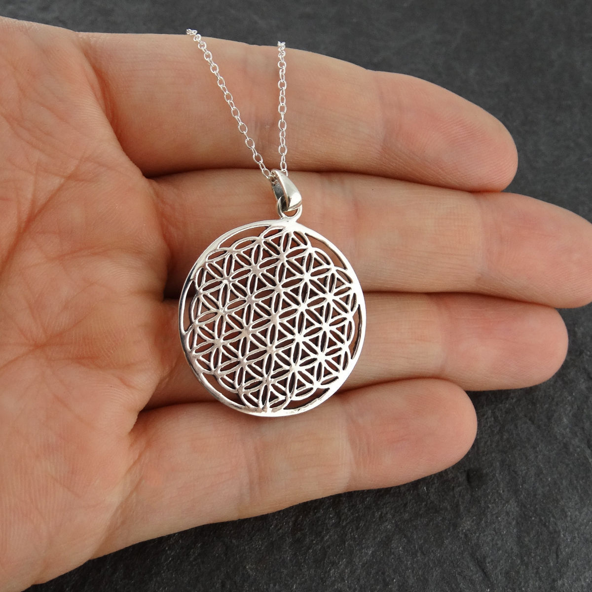 Flower of Life Mandala Necklace – 925 Sterling Silver – Medallion Patterned