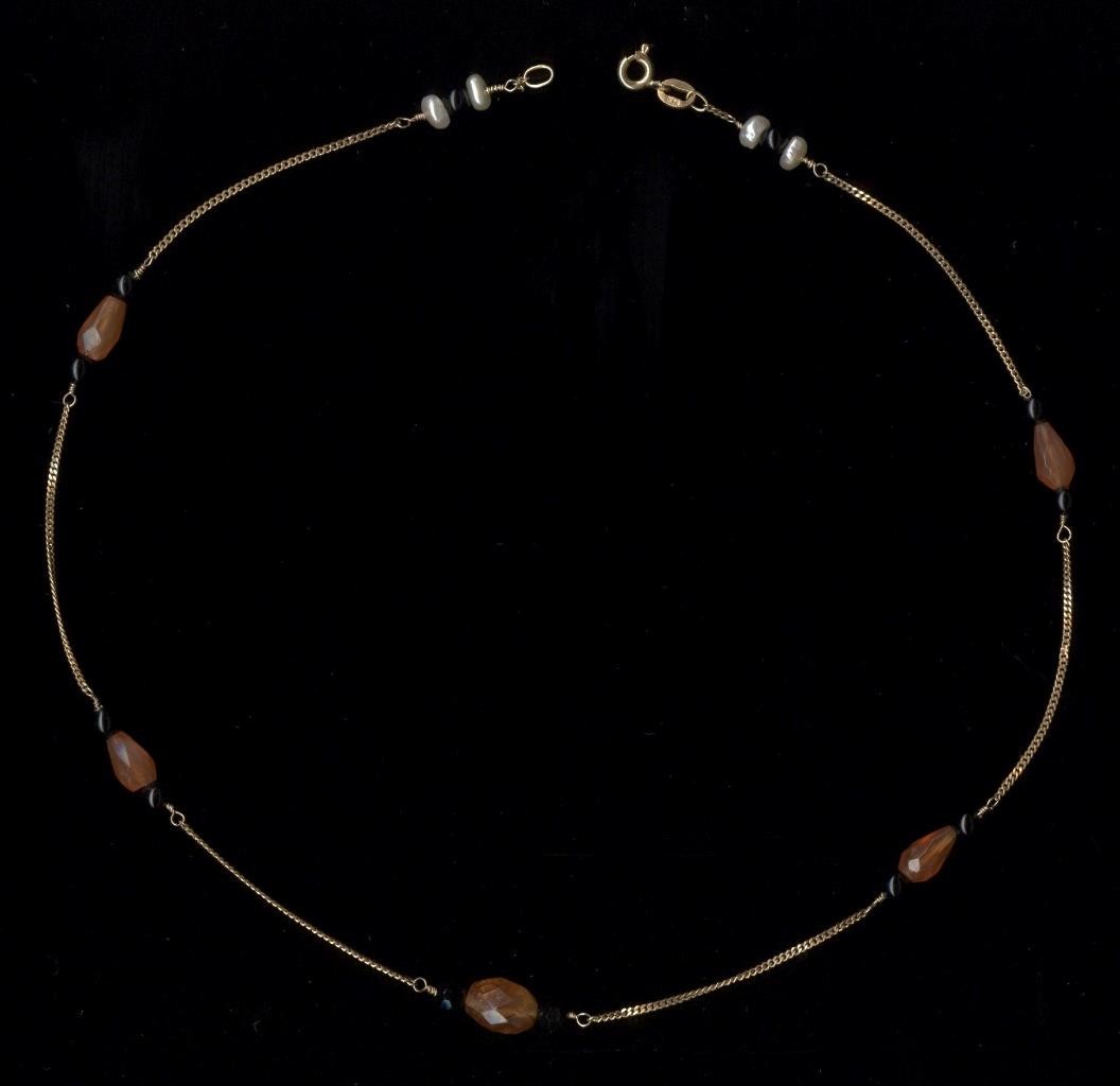 New 14K 5.2 Gram Solid Yellow Gold 16″ 10mm Bead Amber & Onyx Chain Necklace ~OC