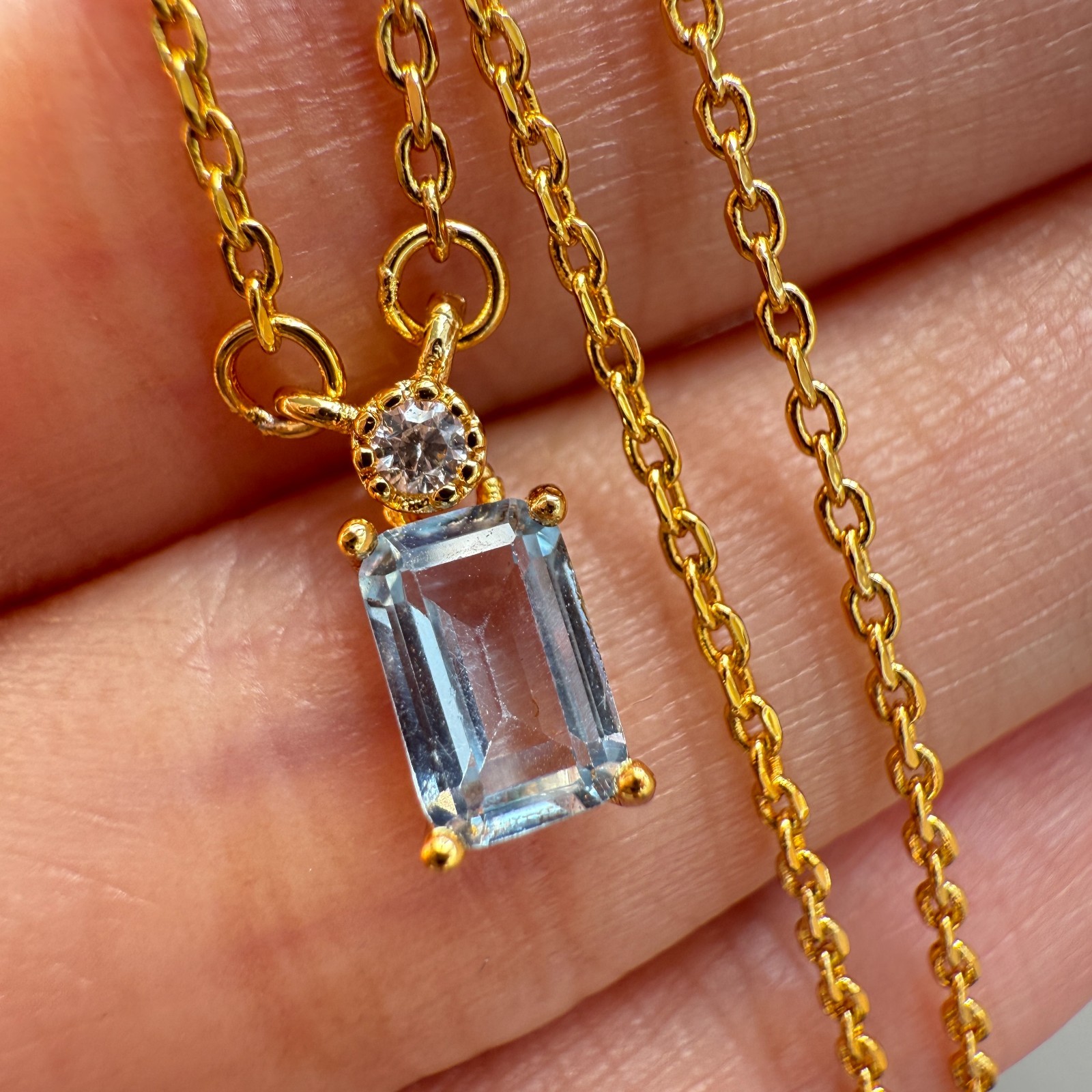 925 Sterling Silver Necklace 6x4mm Natural Blue Aquamarine 14K Gold Plated Chain