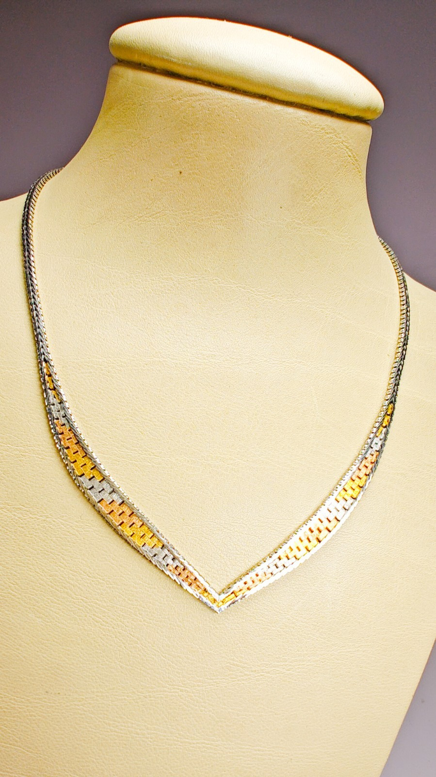 925 Italy Sterling Silver Tri Color Woven V Necklace 16″ Box Clasp 11.88g