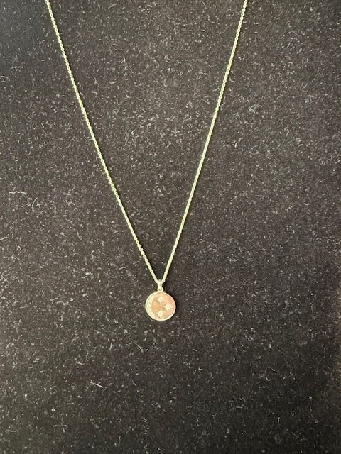14 kt White Gold Disc/Diamond Moon/Stars 18″ Necklace