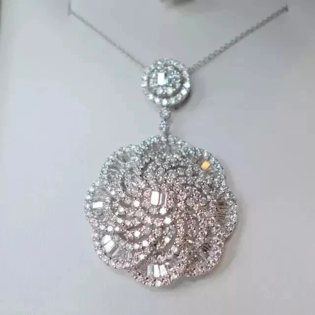 2Ct Baguette Cut Real Moissanite Cluster Flower Pendant 14K White Gold Plated