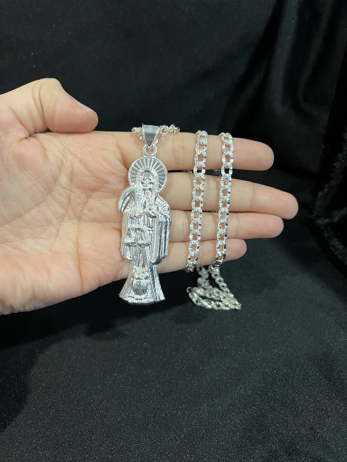925 Sterling Silver Mens Big Santa Muerte Grim Reaper & Deck Curb Chain 22 26 30