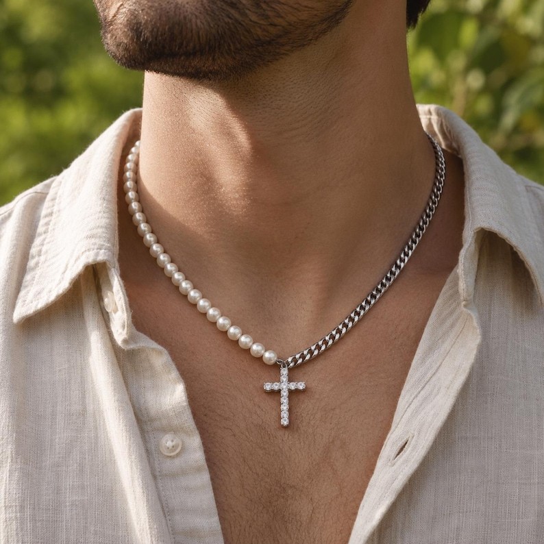 Pearl Cross Necklace for Men Women 925 Sterling Silver Cuban Link Chain Beaded