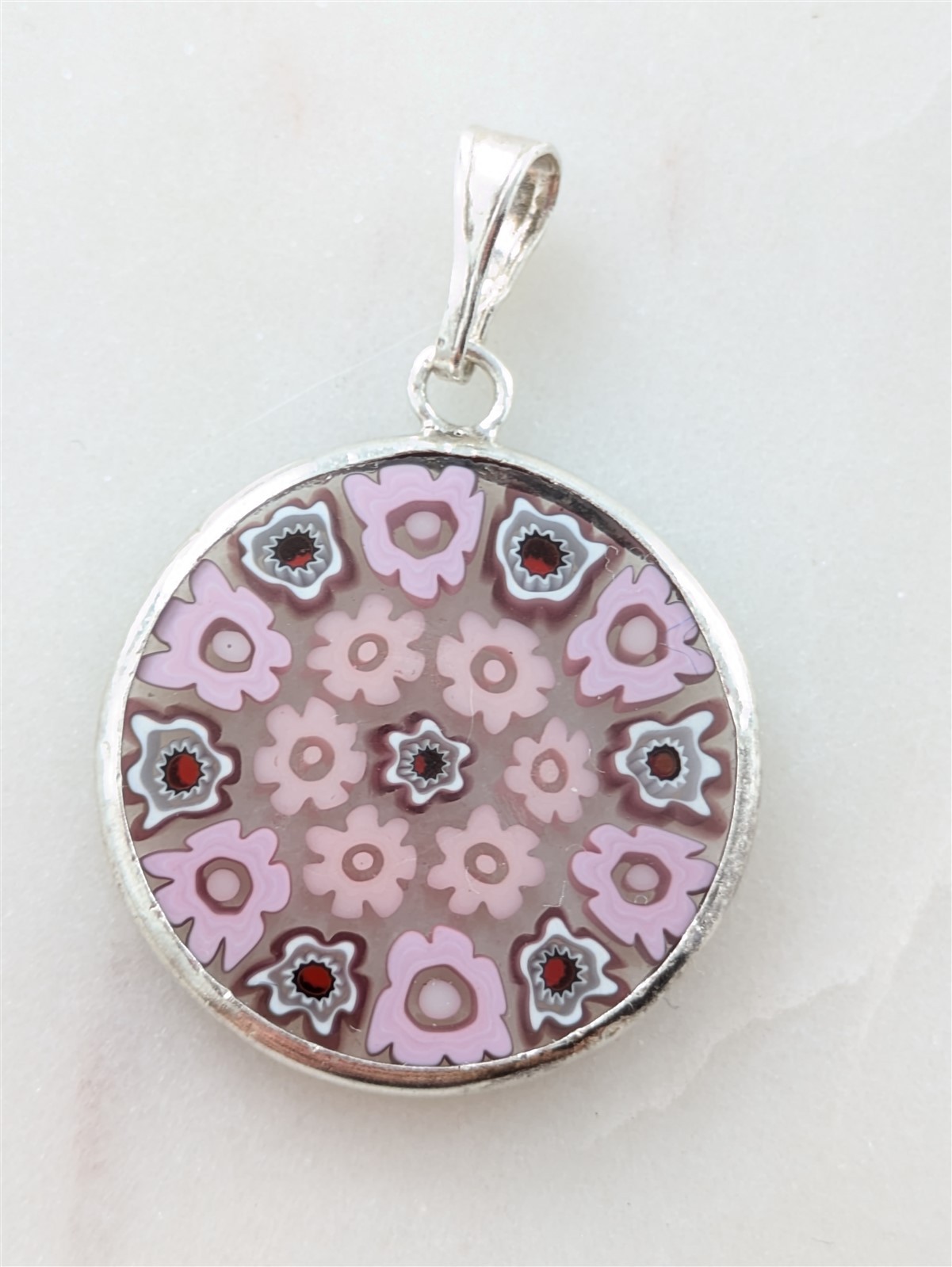 Vintage Solid Sterling Silver Pink and Red Millefiori Flowers Pendant 2 Grams
