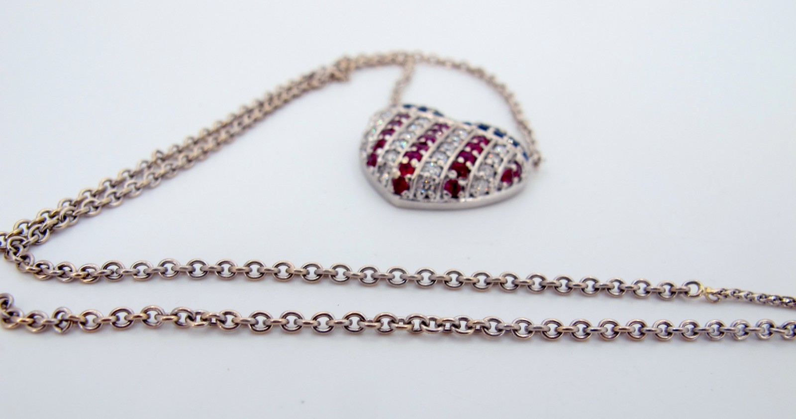 Stunning 14K White Gold Rubies-Diamonds-Sapphires Necklace 17″ Long “TC4033317”