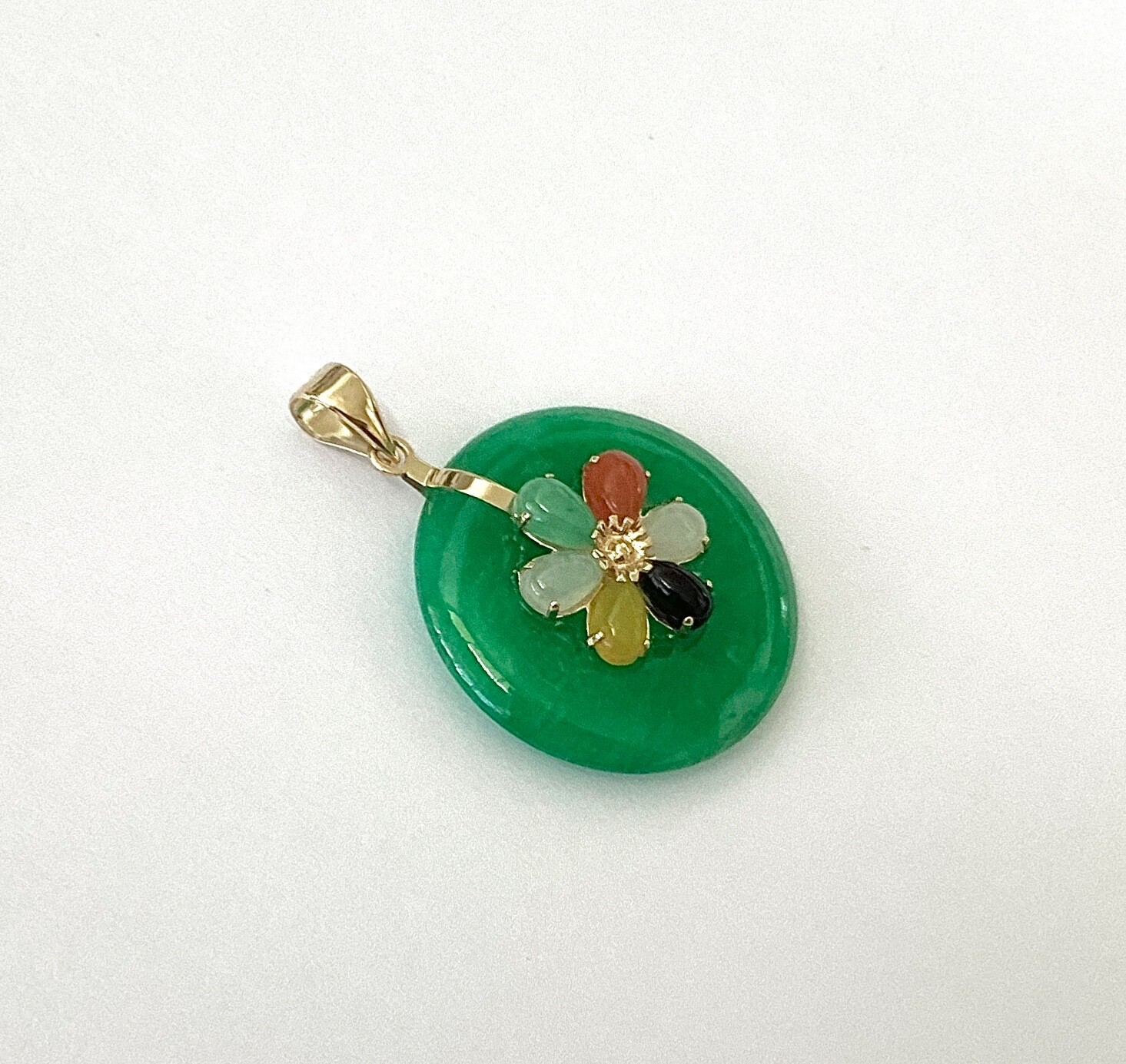 Solid 14K Yellow Gold Green Jade & Multicolor Jade Flower Pendants NEW