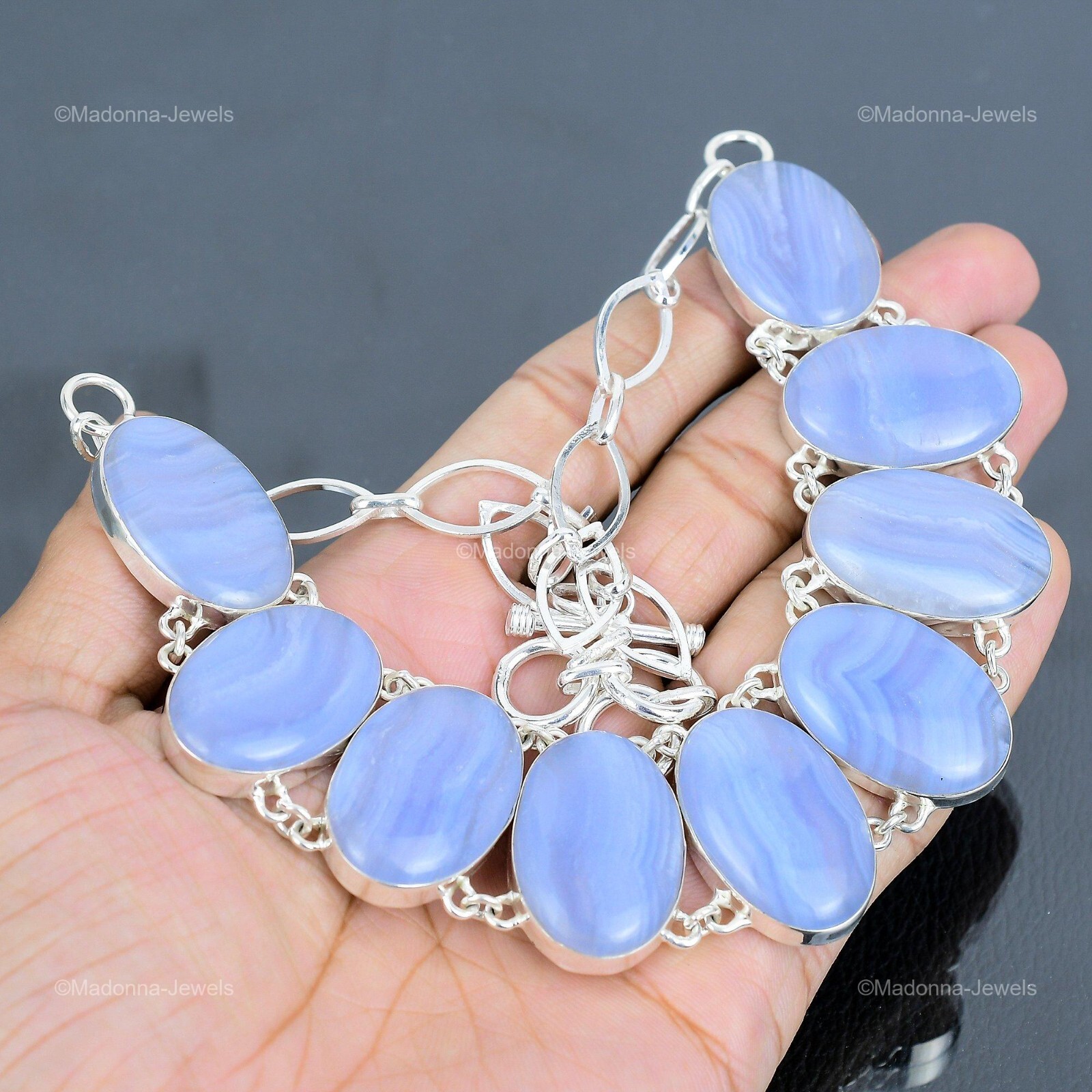 Valentines Sale Blue Lace Agate Stone Bezel Chain Necklace 925 Sterling Silver