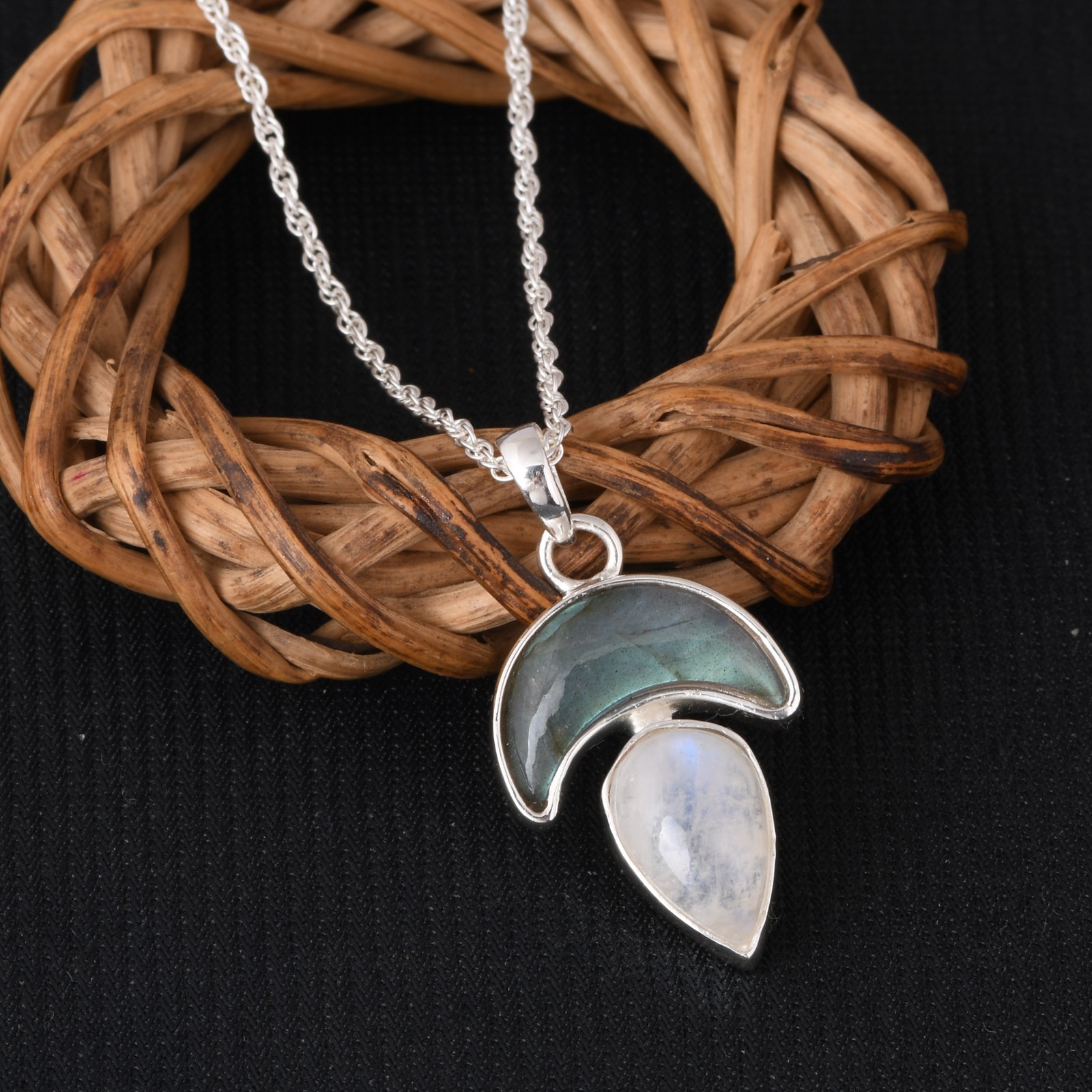925 Sterling Silver Labradorite & Moonstone Necklace Crescent Jewelry for Gift