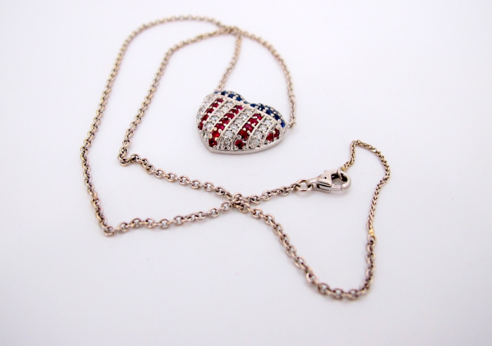Stunning 14K White Gold Rubies-Diamonds-Sapphires Necklace 17″ Long “TC4033317”