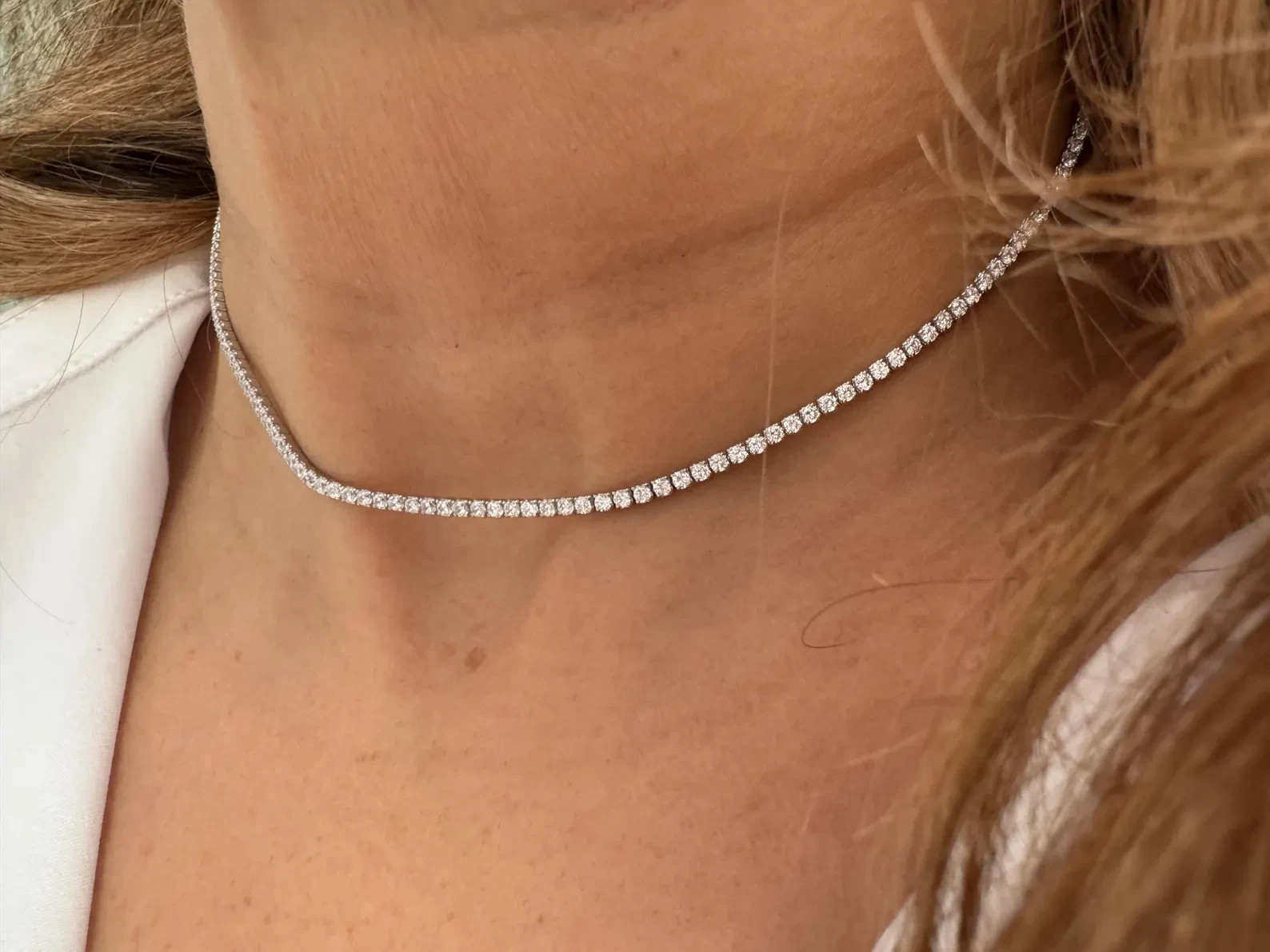 Round Natural Diamond GH/VS-SI Dainty Gift Tennis Necklace 16″ 14k White Gold