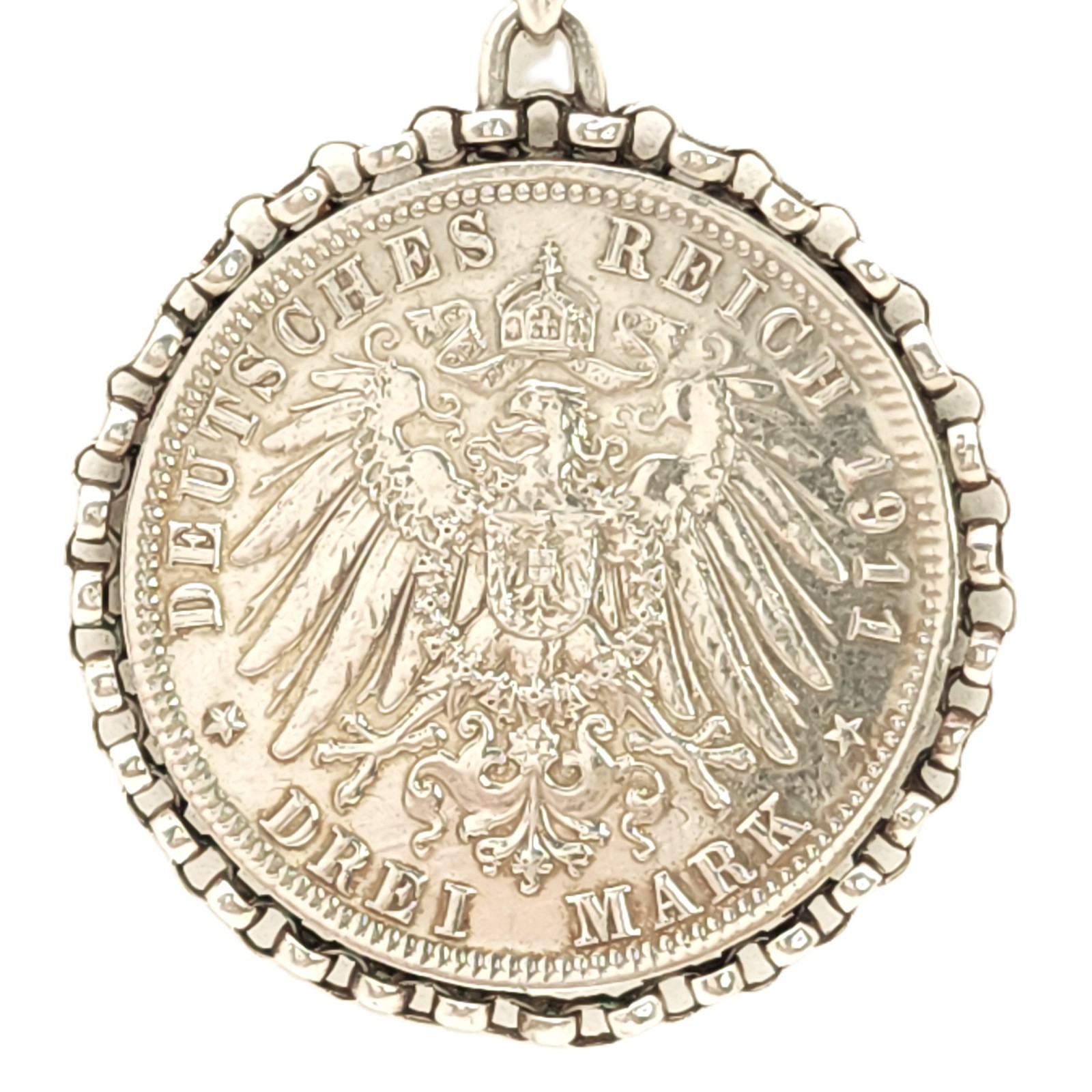 Sterling Silver Rounded Box Chain with 1911-D German Empire 3 Mark Pendant- 