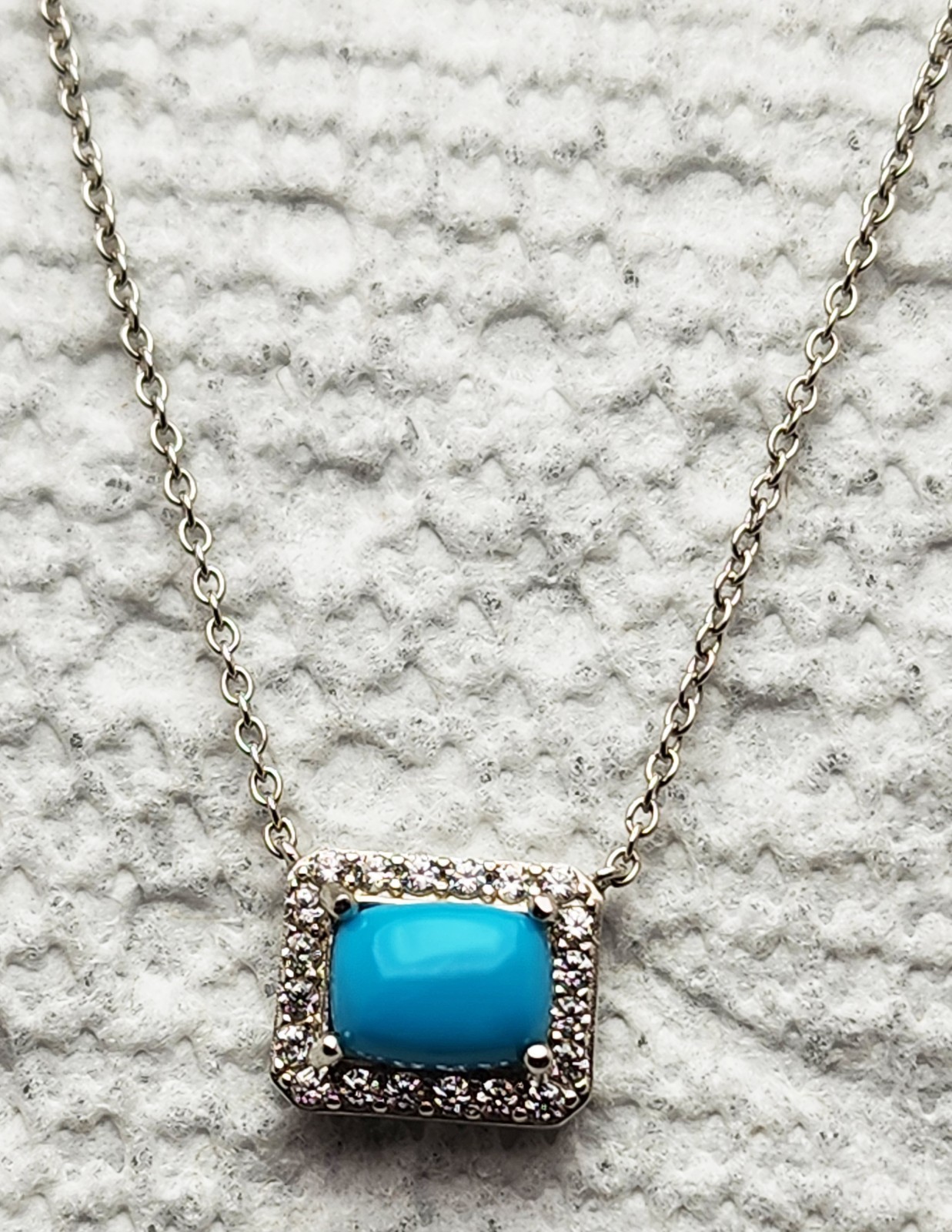 Wonderful Sterling Silver Turquoise Clear Stone Rectangle MLD 18” Necklace