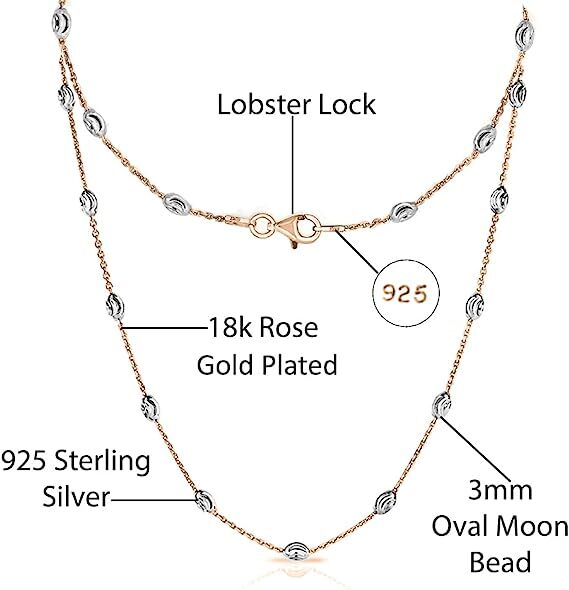 925 Sterling Silver Rose Gold 3MM Diamond Cut Station Oval Moon Bead Necklace
