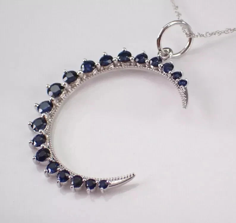 2Ct Lab Created Blue Sapphire Crescent Moon Pendant 14K White Gold Plated Silver