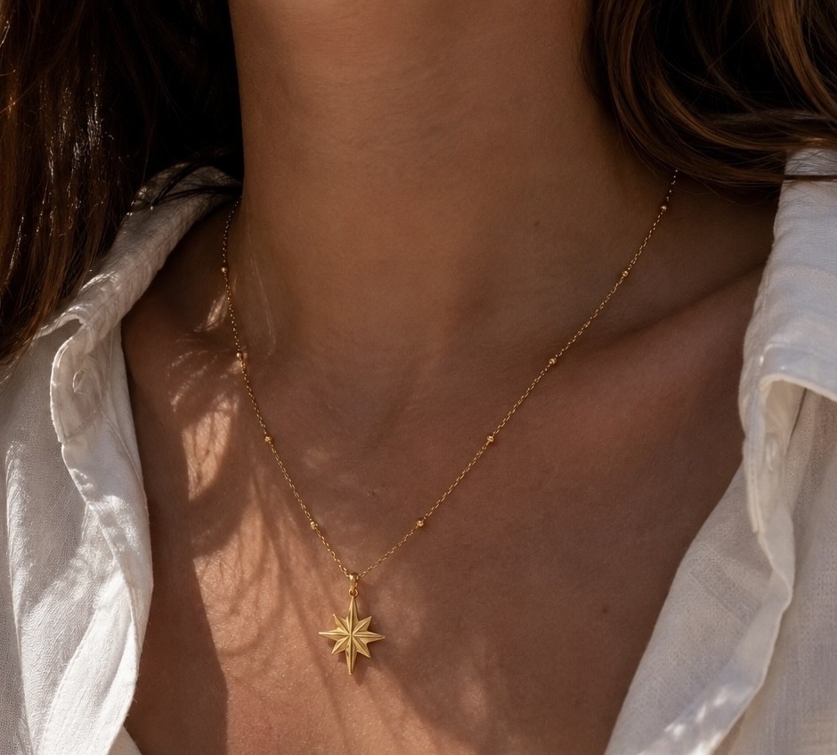 14K Solid Yellow Gold North Star Pendant Necklace Beaded Chain Fine Jewelry 18″