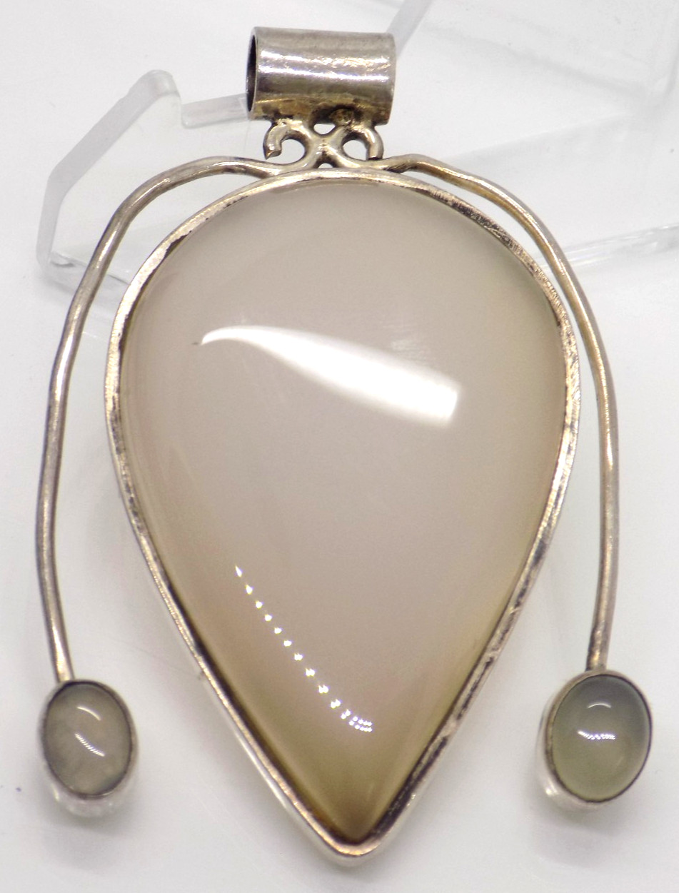 Large SOLID Sterling Silver 925 Opaque Moonstone? Chalcedony? Pendant