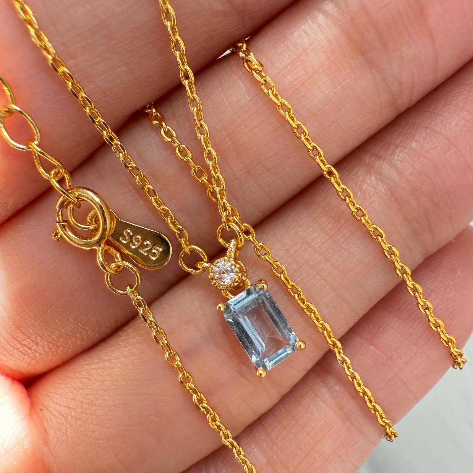 925 Sterling Silver Necklace 6x4mm Natural Blue Aquamarine 14K Gold Plated Chain