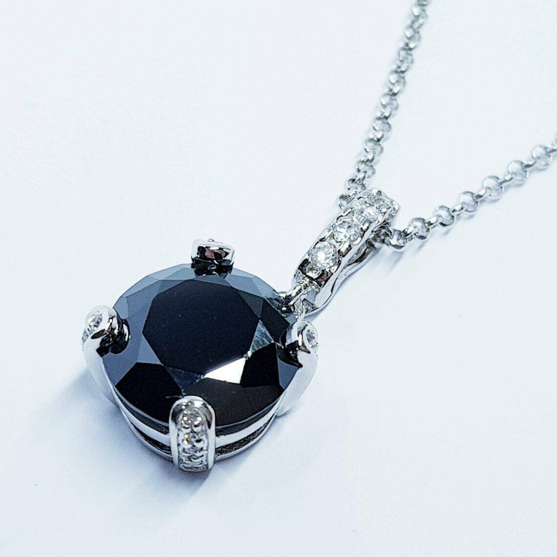 2Ct Round Cut Black Diamond Solitaire Pendant Free Chain 14K White Gold Finish