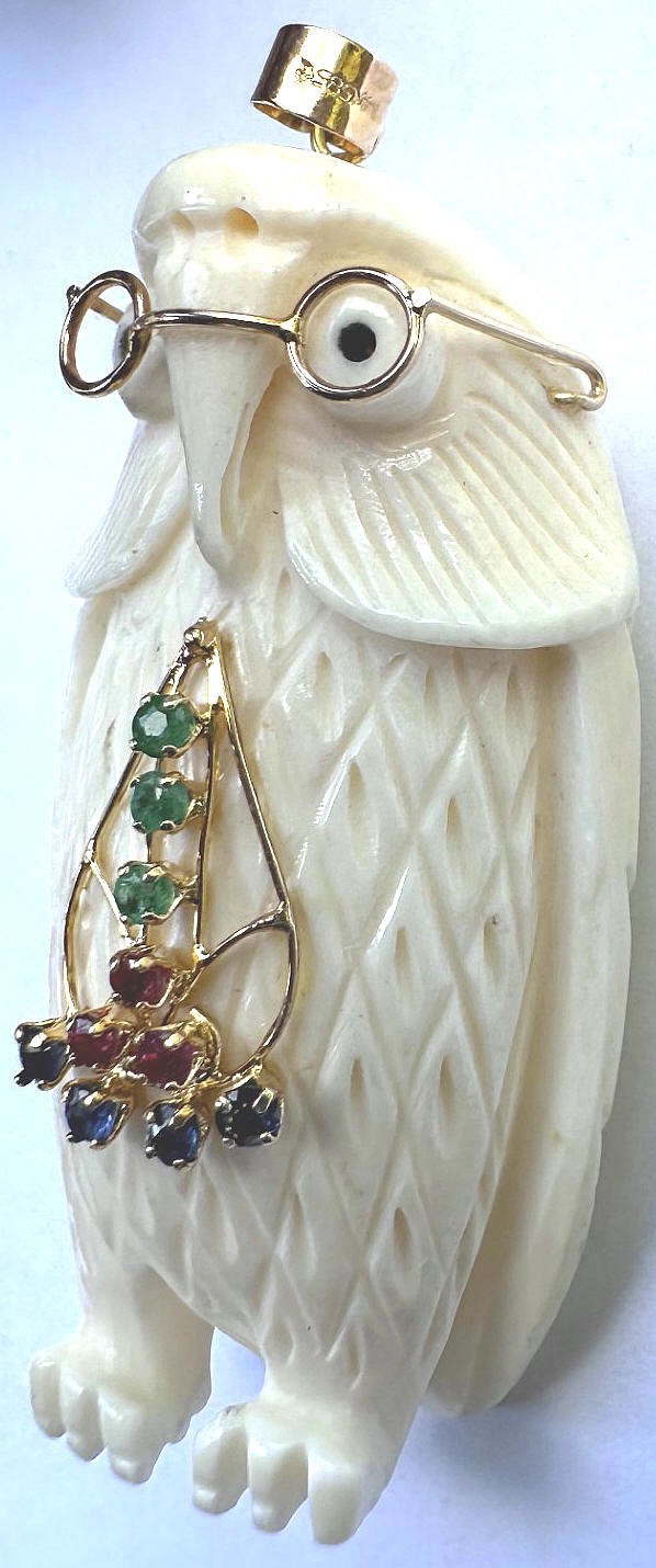 Beautiful 14K 585 Gold Wise Owl Pendant with Glasses and Multiple Color Stones
