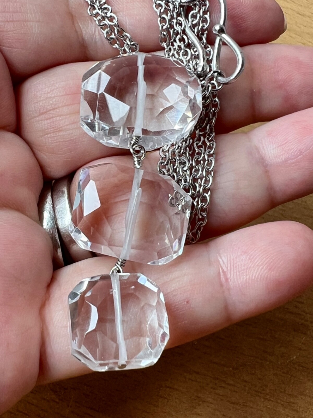 ARTISAN ROCK CRYSTAL CLEAR COLORLESS QUARTZ LONG NECKLACE 925 STERLING DESIGNER