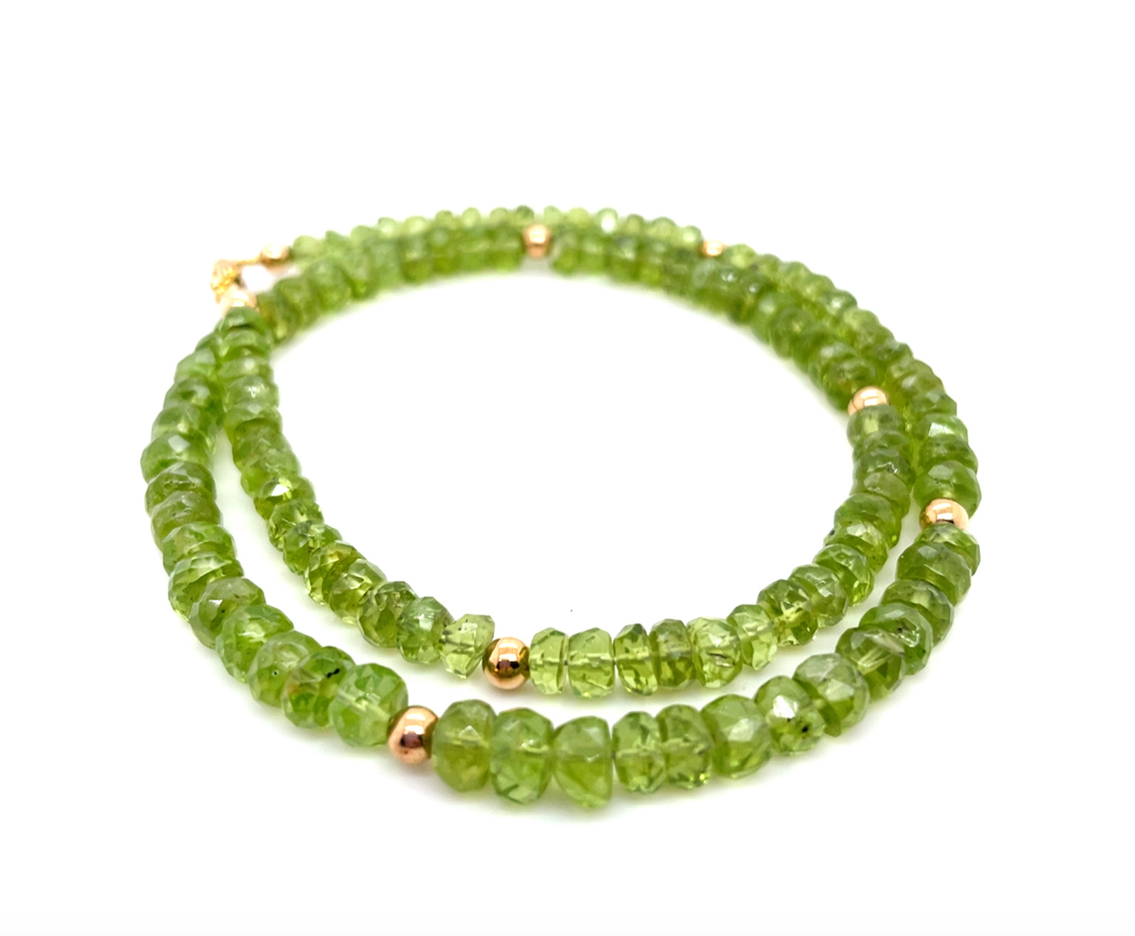 Natural Peridot Necklace 9K Gold Clasp 10K Gold Beads Eye Clean Clarity 17 Inch