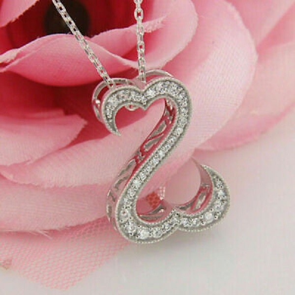 1.00 CT Open Heart Round Cut Diamond Pendant Necklace 14k White Gold Finish