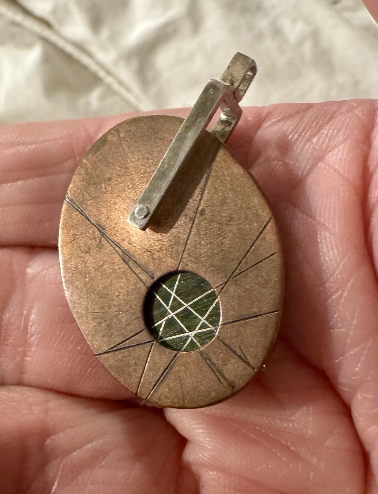 Artisan Unique Sterling Silver Mixed Metal Green Stone Pendant Movement