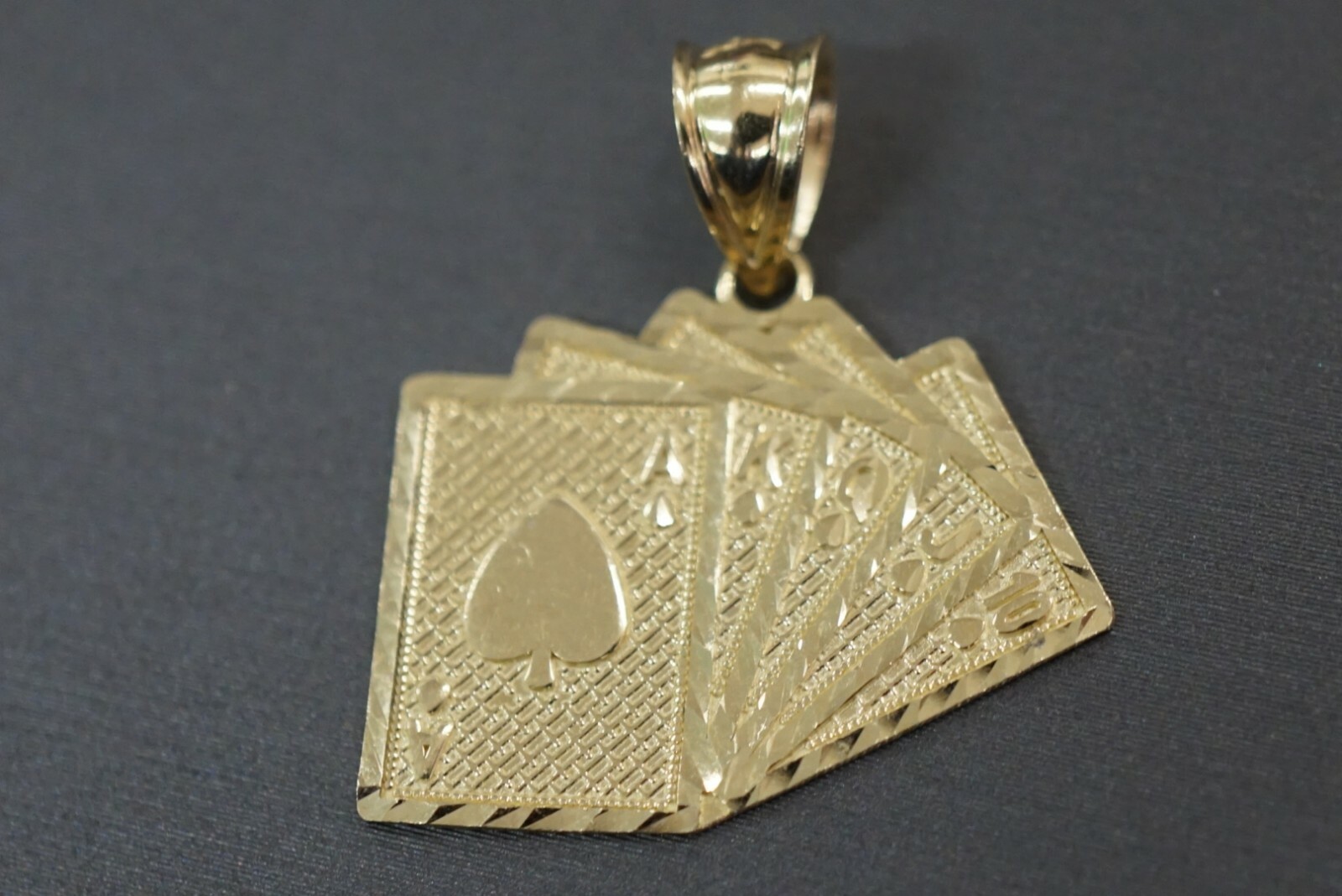10K Solid Yellow Gold 1″ Royal Flush Poker Cards A K Q J 10 Charm Pendant.