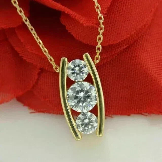 3CT Round Cut Moissanite Women Wedding Pendant 14K Yellow Gold Plated