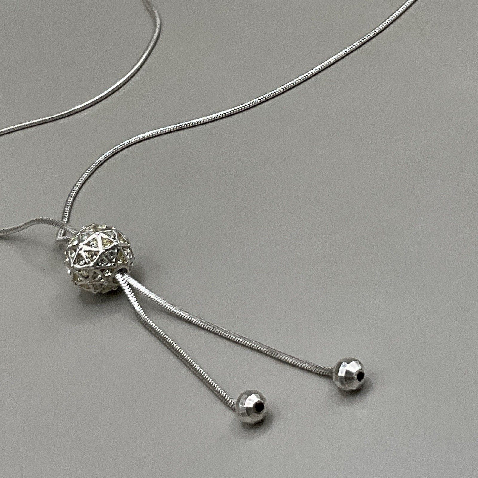 Women’s Necklace Sterling Silver 925 Lariat Ball Beaded Crystals Signed 2001