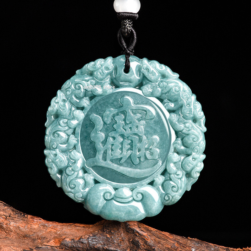 Natural Grade A Jade Jadeite Blue Water Lucky Wealthy Dragon Pixiu Round Pendant