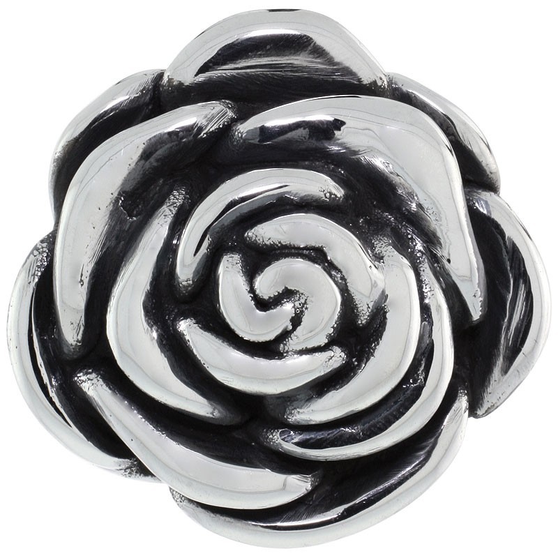 925 Sterling Silver Camellia Rose Flower Pendant 1 1/2 Inch (38mm) Tall