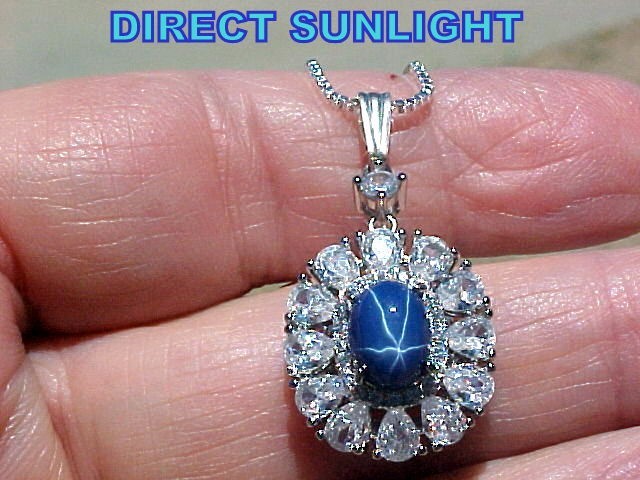 Genuine Blue Star Sapphire Pendant 8x6mm & White Topaz 925 SS White Gold Finish