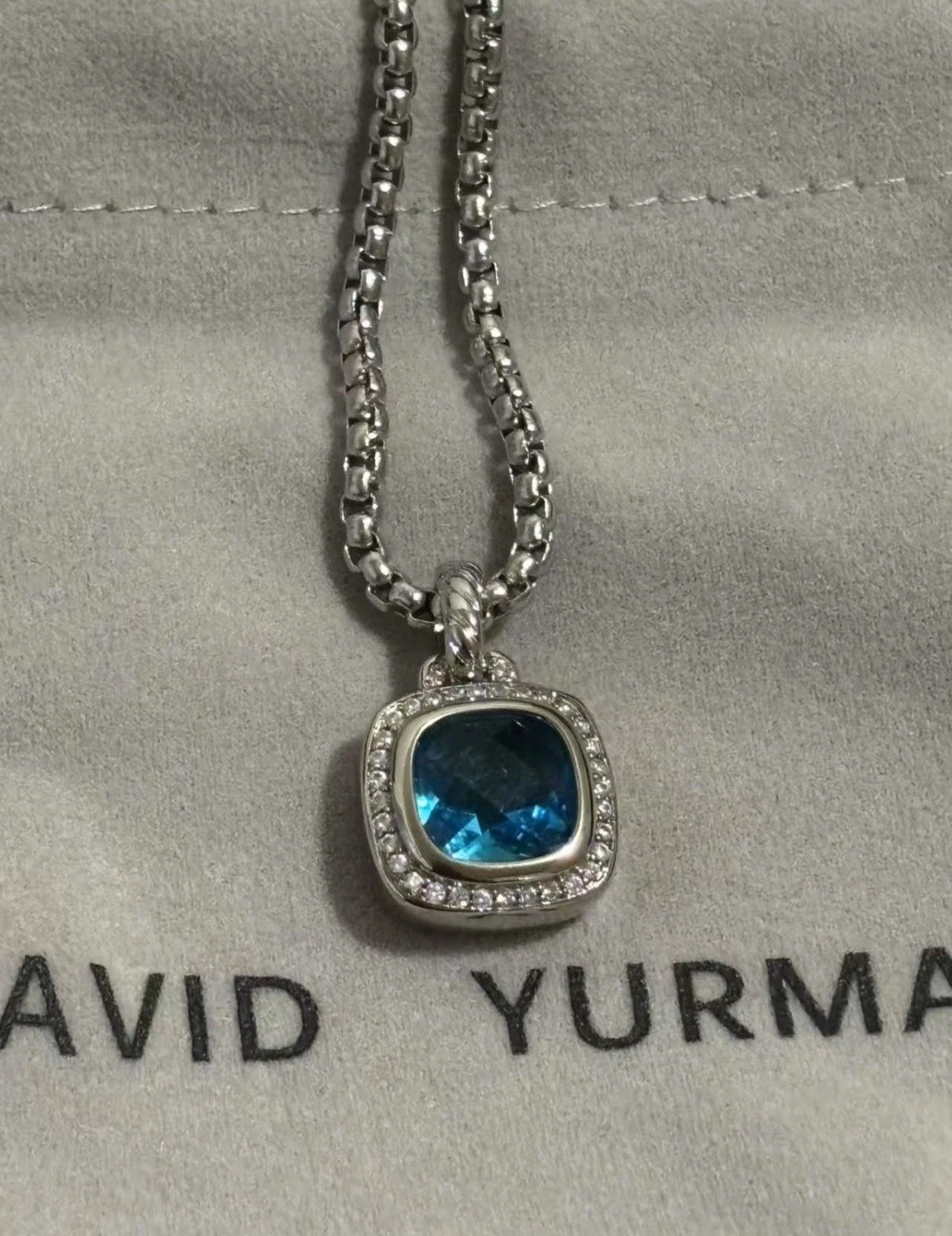 David Yurman Petite Albion Silver, Blue Topaz & Diamonds Pendant & Necklace 19″