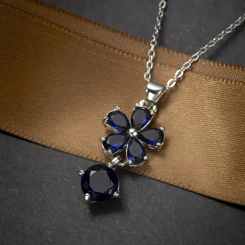 Pear Cut Lab Created Blue Sapphire Women’s Flower Pendant 14k White Gold Plated