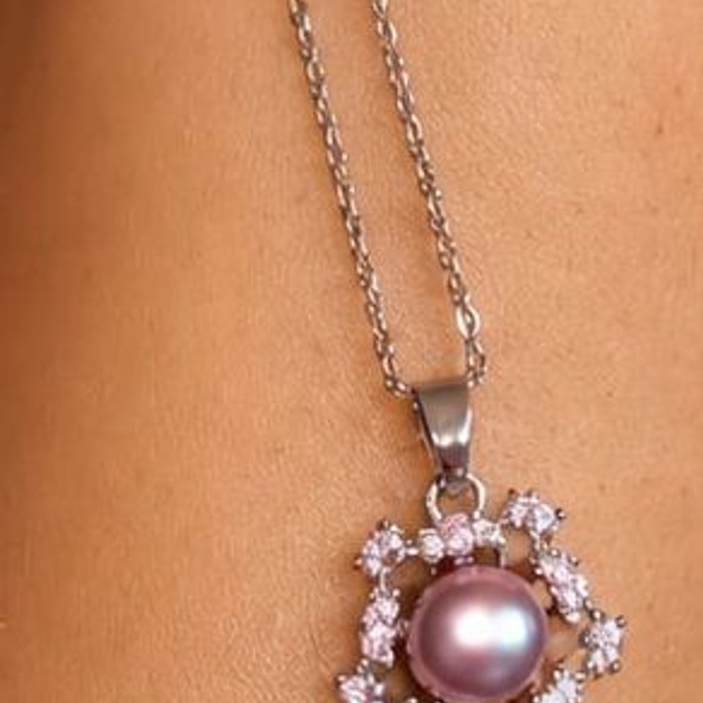 Purple Freshwater Pearl Pendant Necklace with Floral Cubic Zirconia Halo in Ster