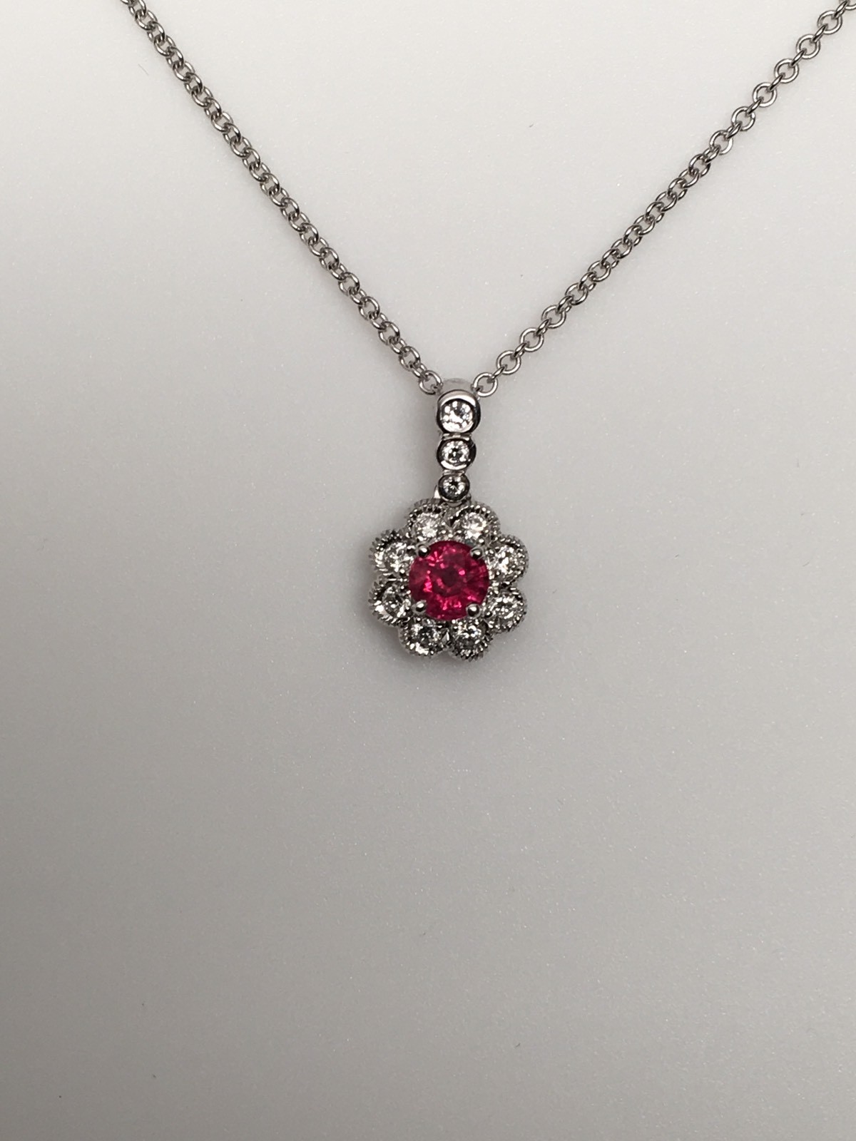 18K White Gold Cherry Red Ruby and 0.20ct Diamond Pendant with Chain Brand New