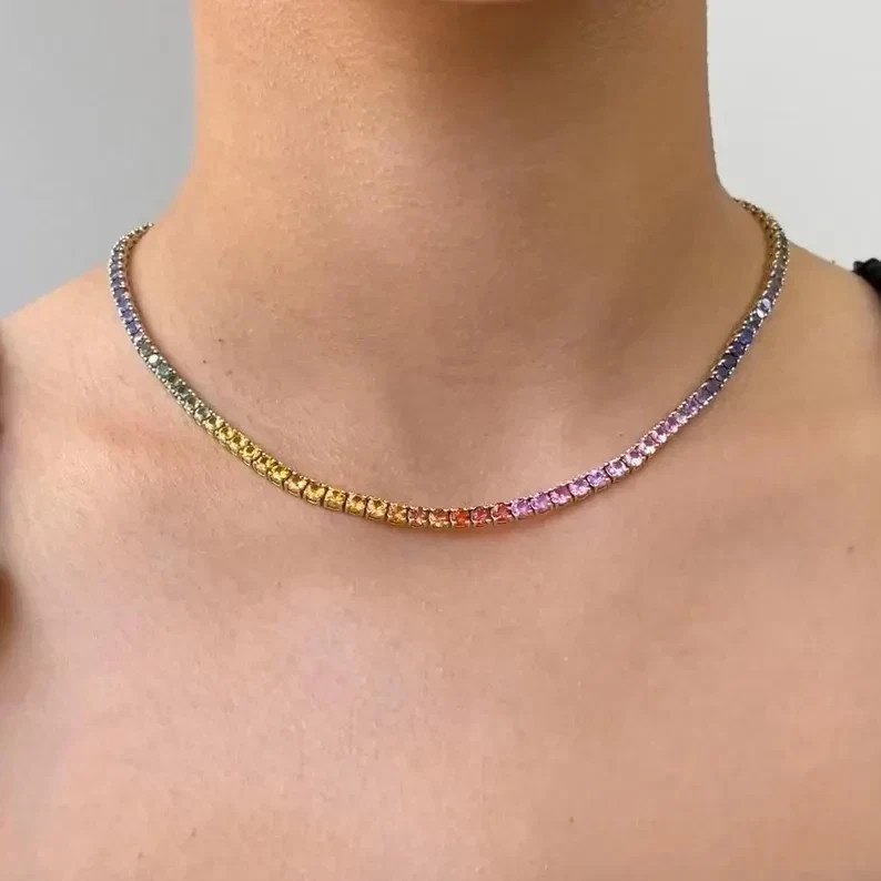 4MM Round Cut Lab Created Rainbow Sapphire Tennis Necklace 14k Yellow Gold Over