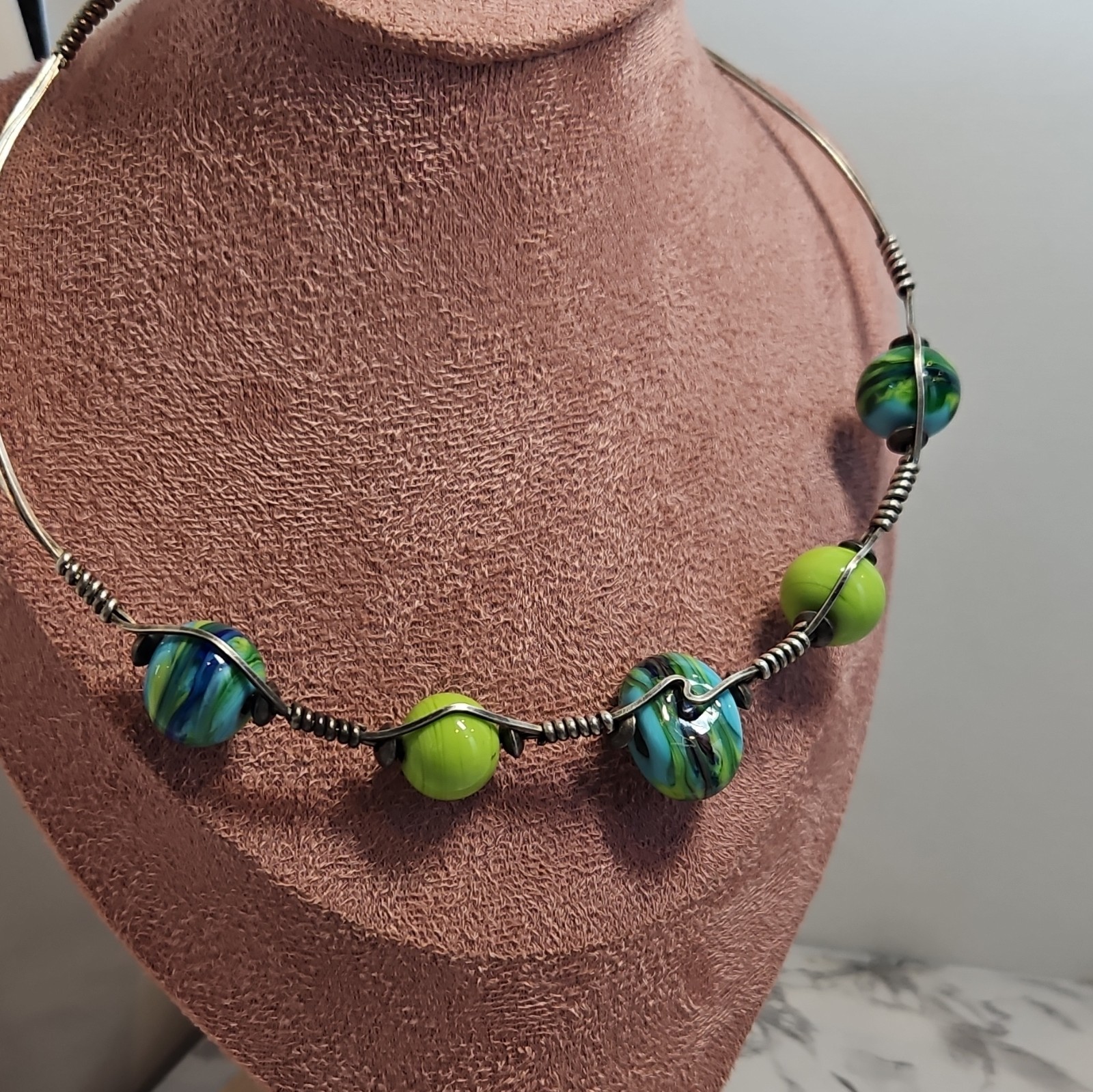 Sterling Silver 925 Beaded Choker Necklace Green Blue Glass Beads Artist Wrapped