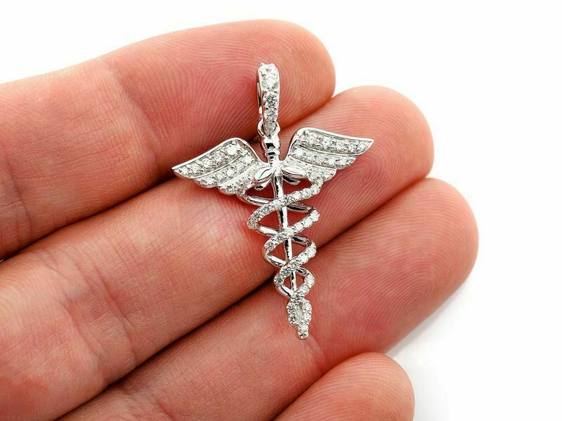 1.20 Ct Diamond Caduceus Medical Pendant With Free Chain 14K White Gold Over