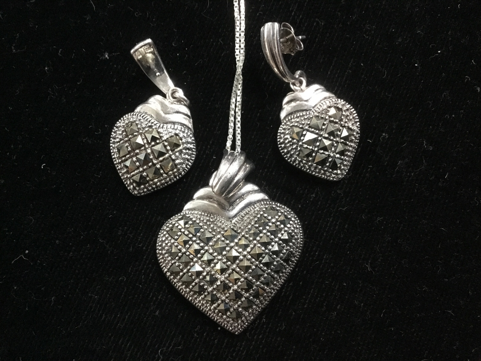 Vintage Marked 925 Silver and Marcasite Pendant and Earrings Set Stamped TH SU