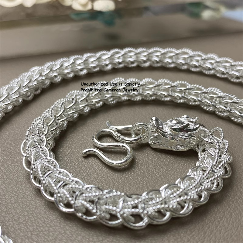 Pure 999 Fine Silver Chain Double Dragon 10mm Wheat Link Necklace 70-71g 23.6in