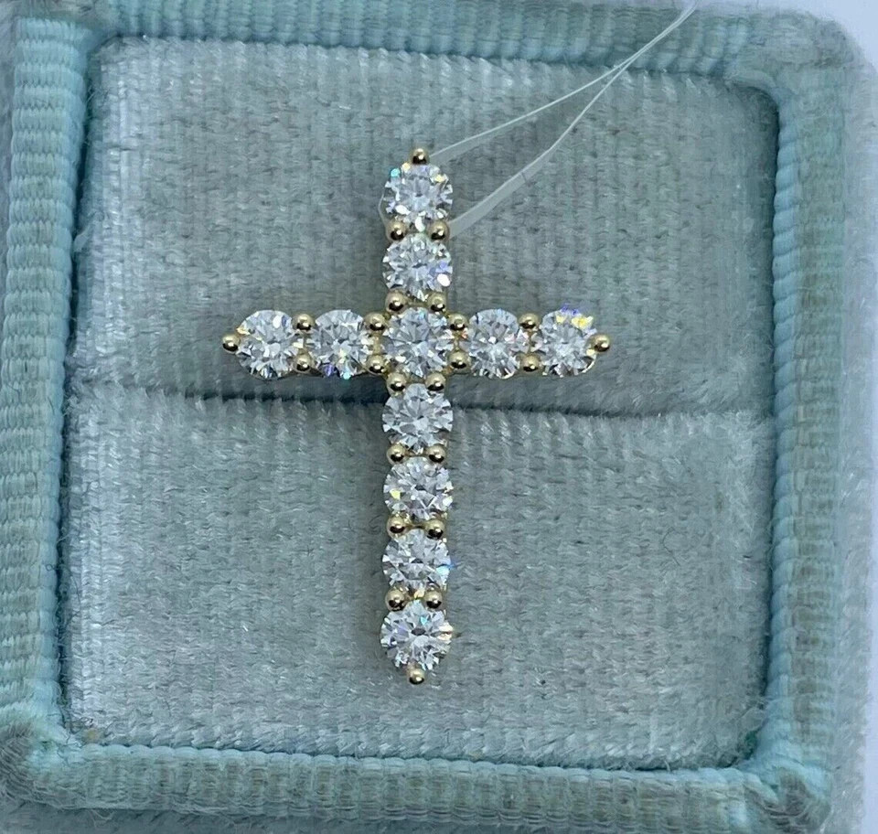 2Ct Round Cut Real Moissanite Cross Pendant 14k Yellow Gold Plated 18″Free Chain