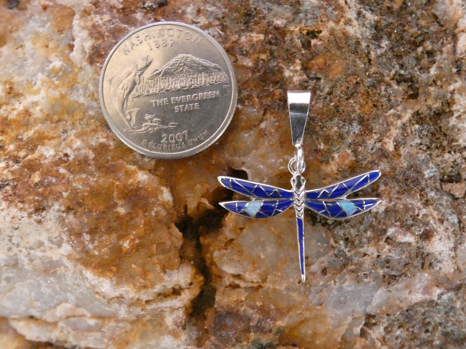 Lapis & Opal Dragonfly Handcrafted Sterling Silver 925 Petite Pendant S61 NEW