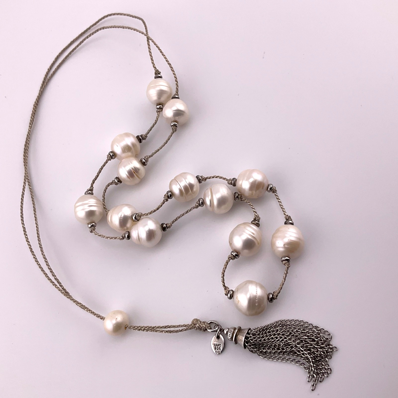 LUC Lucas Lameth Genuine Baroque Pearl Lariat Necklace Sterling Silver Tassel