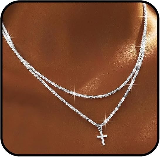 925 Sterling Silver Sparkly Necklace Layered Dainty Chain Necklace Silver Cross