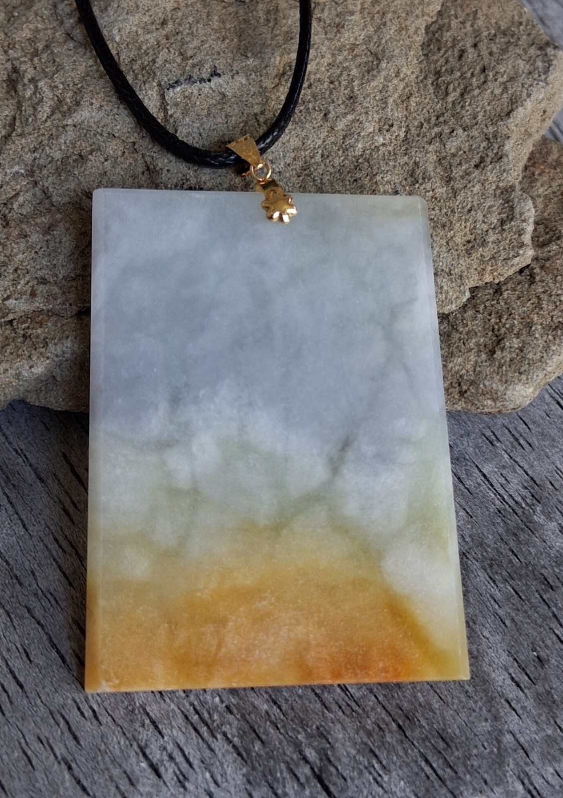 Certified Rectangle Jade Pendant Necklace 18k Yellow Gold Bail Black Cord Signed