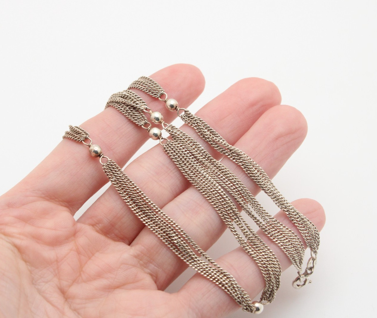 Vintage 925 Sterling Silver Italy Ball Bead Multi Curb Chain Station Necklace
